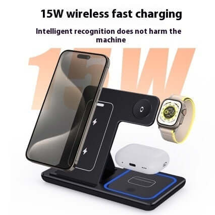3-in-1 Wireless Charging Station showcasing 15W fast charging for phone, smartwatch, and earbuds in sleek design.