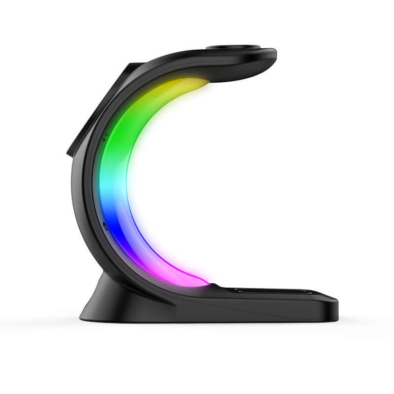4-in-1 Wireless Charging Station with RGB lighting effects and sleek design for efficient device charging.