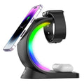 4-in-1 Wireless Charging Station with RGB lighting, phone, watch, and earbuds charging.