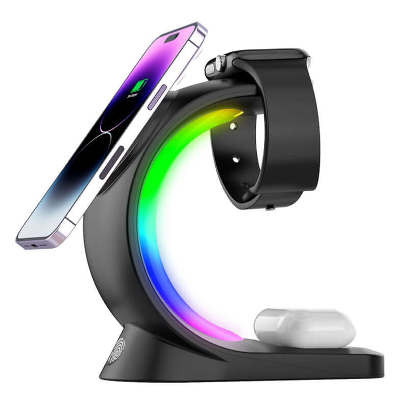 4-in-1 Wireless Charging Station with RGB lighting, phone, watch, and earbuds charging.