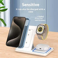 3-in-1 Wireless Charging Station with phone, smartwatch, and earbuds charging simultaneously on a sleek stand.
