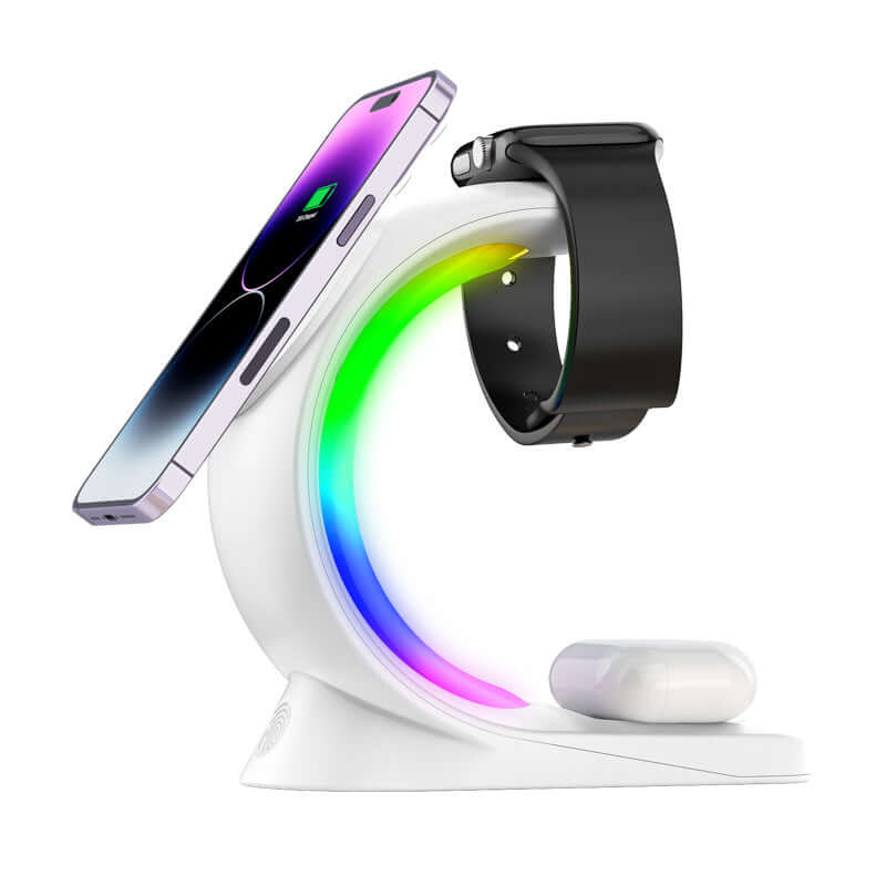 4-in-1 Wireless Charging Station with RGB lighting, charging a phone, smartwatch, and earbuds.