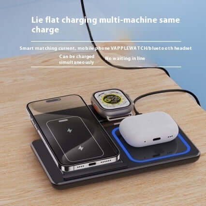 3-in-1 Wireless Charging Station charging smartphone, smartwatch, and earbuds simultaneously on a sleek design.