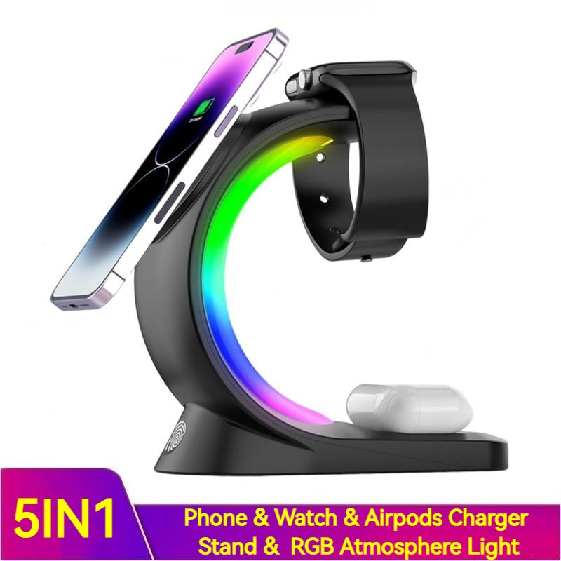 4-in-1 Wireless Charging Station with RGB lighting, designed for multiple devices including phone, watch, and AirPods.