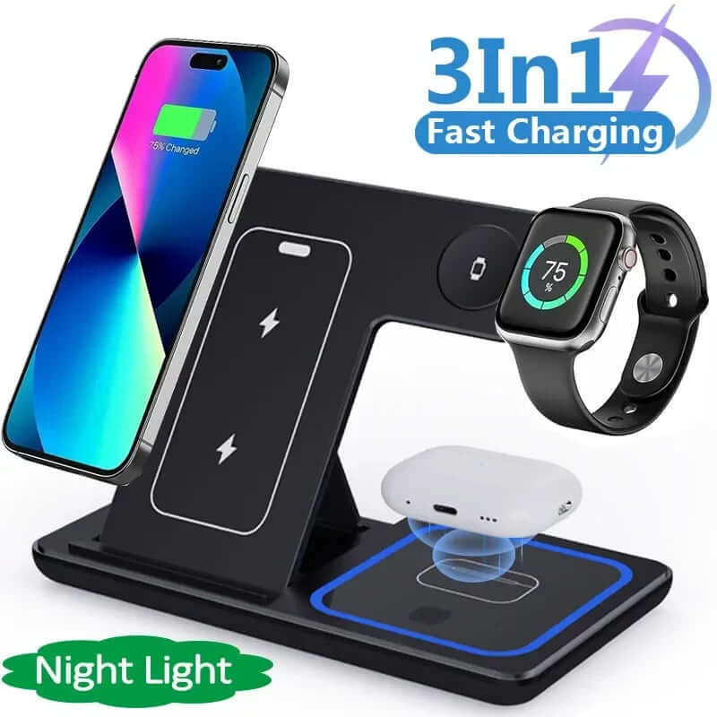 3-in-1 Wireless Charging Station charging phone, smartwatch, and earbuds with night light features.